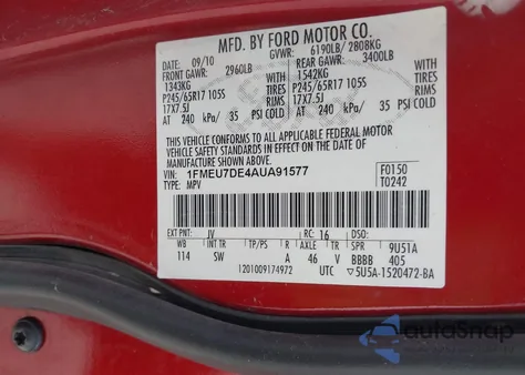 2010 Ford Explorer Xlt z USA, uszkodzony, nr VIN 1FMEU7DE4AUA91577